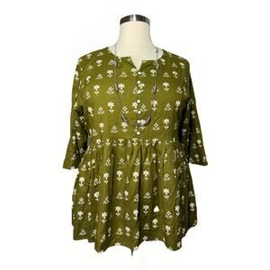 Shree Women’s 2XL Green Floral Boho Tunic Top 3/4 Sleeve Peplum *Flaw (hole)*